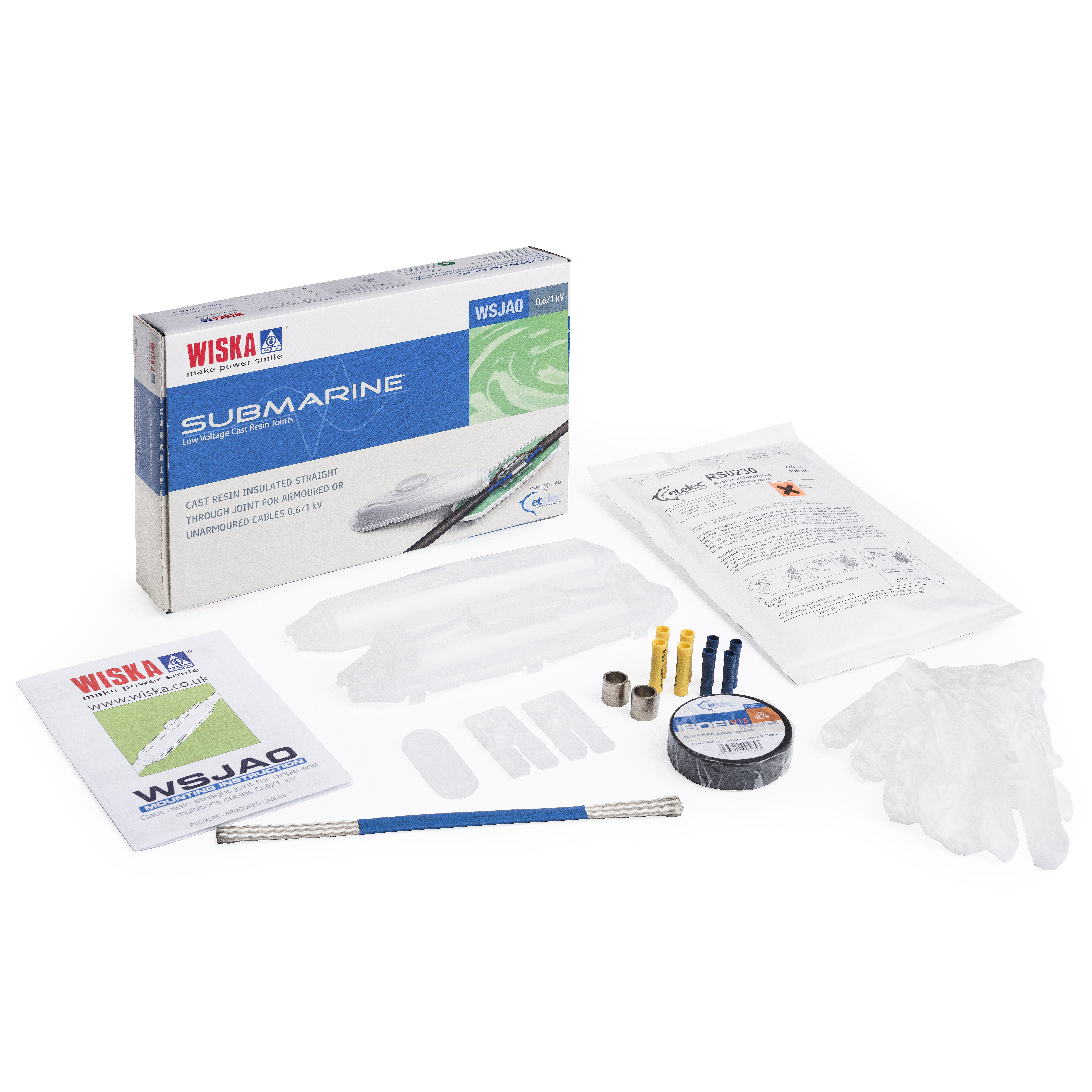 CAST RESIN STRAIGHT JOInT c/w 2 Sets of x 4 InSULATED SPLICES 1,5 - 2.5 sqmm + 2.5 - 6.0mm Sq.